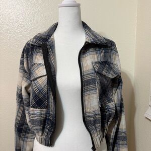 Plaid Zip-Front Jacket in Navy and Cream